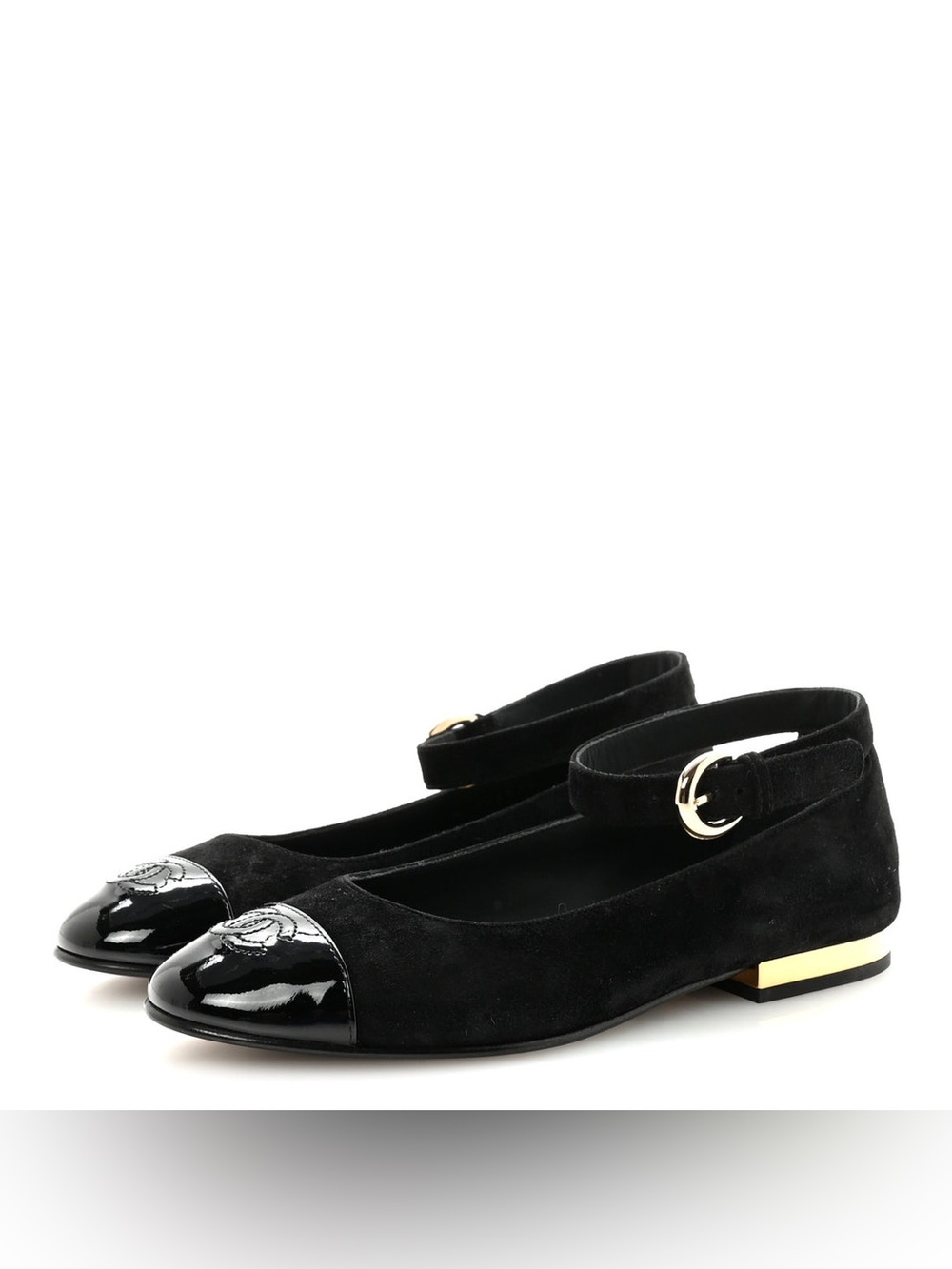 New CHANEL Black Suede & Patent Toe Ankle-Strap Mary Jane Flats 38